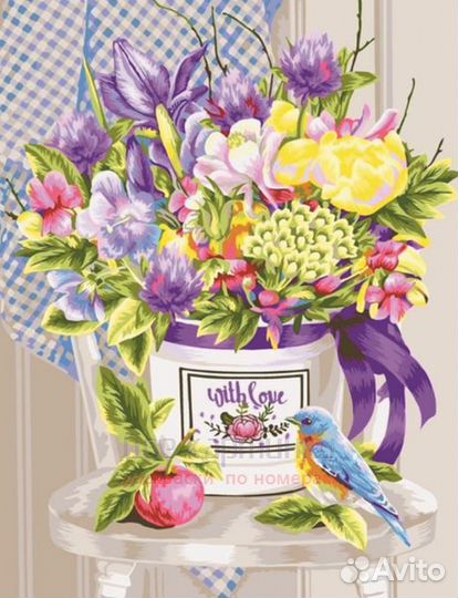 Алмазная мозаика 40x50 Синичка у ведёрка с летним