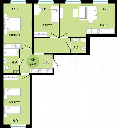 3-к. квартира, 97 м², 2/14 эт.