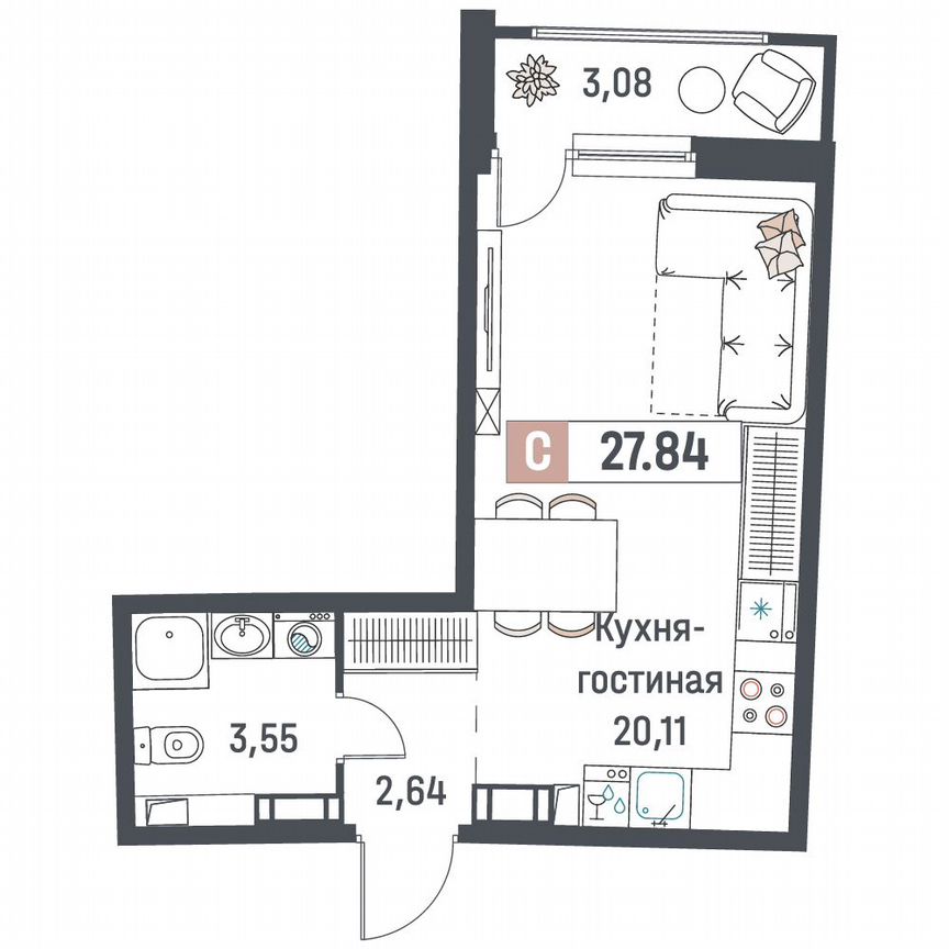 Квартира-студия, 27,8 м², 17/18 эт.