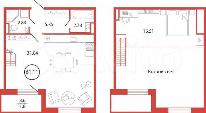 Квартира-студия, 61,1 м², 1/12 эт.
