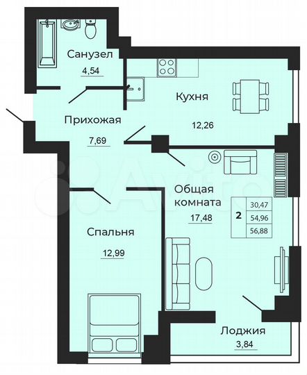 2-к. квартира, 56,9 м², 7/24 эт.
