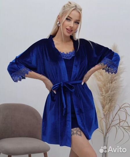 Пижама женская синяя из велюра 5 в 1