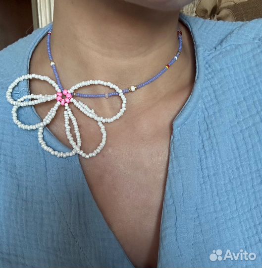 Чокер из бисера, серьги жемчуг ручная работа