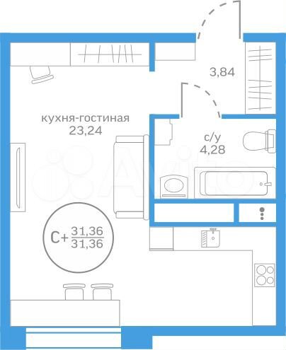 Квартира-студия, 31,4 м², 2/20 эт.