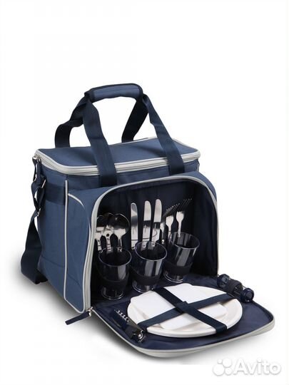 Синяя сумка-холодильник С набором посуды на 3 чел