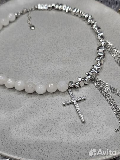 Колье из гематита и кварца ручной работы