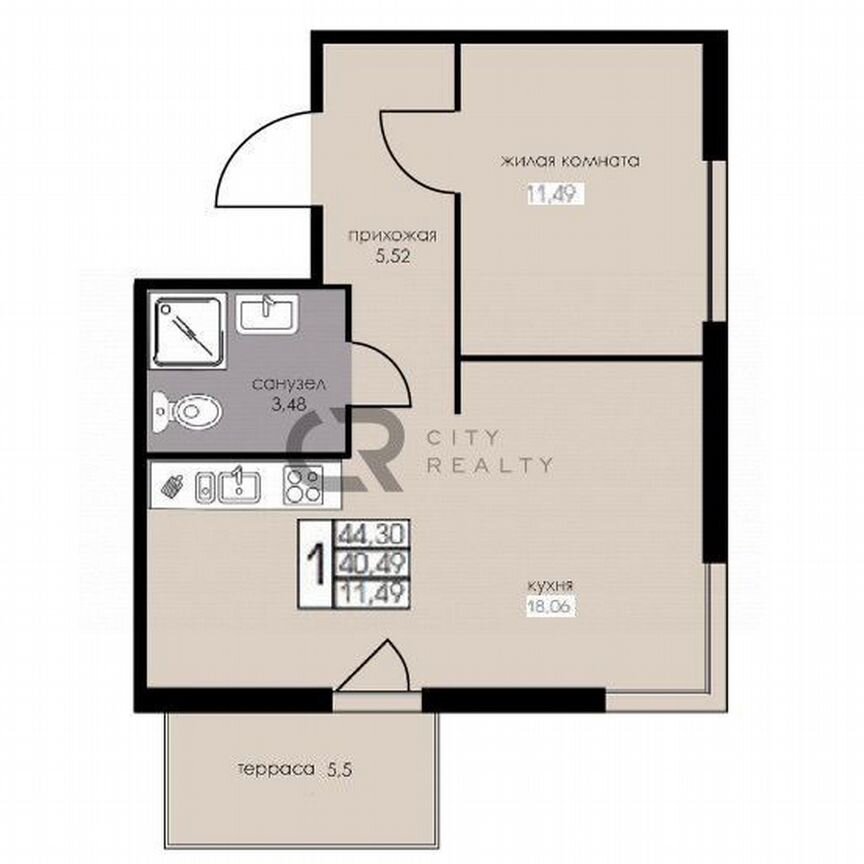 1-к. апартаменты, 40,5 м², 1/6 эт.