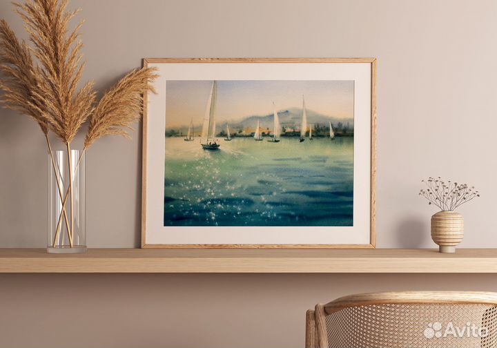 Картина акварель 25х35см Морской пейзаж с лодками