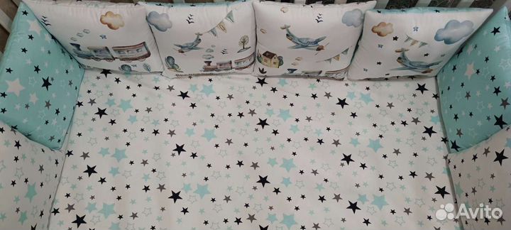 Комплект в кроватку, бортики подушки, новый, сатин