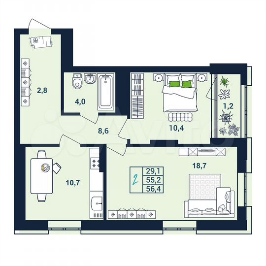 2-к. квартира, 56,7 м², 11/25 эт.