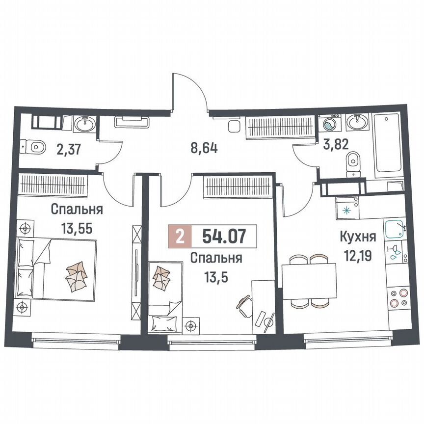 2-к. квартира, 54,1 м², 3/18 эт.