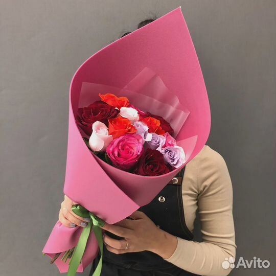 Букет из 15 розы Кения микс 35-40см в фоамиране