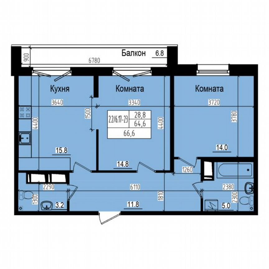 2-к. квартира, 66,6 м², 22/23 эт.