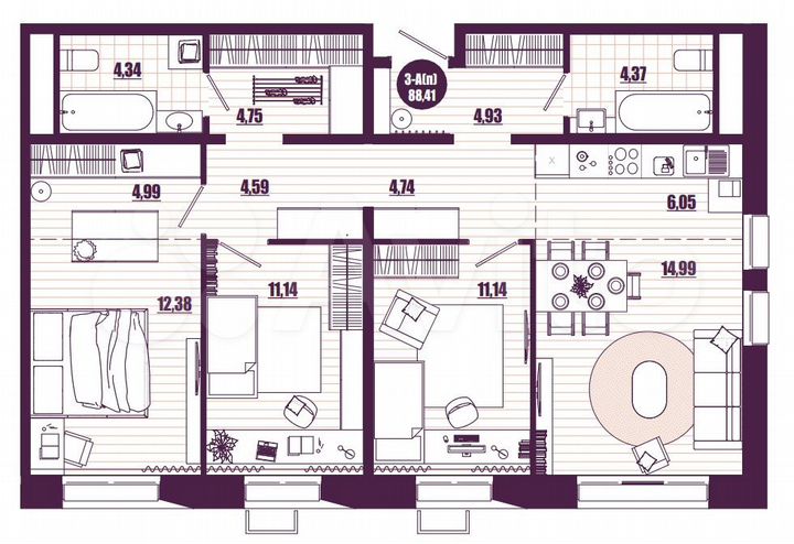 3-к. квартира, 88,4 м², 3/16 эт.