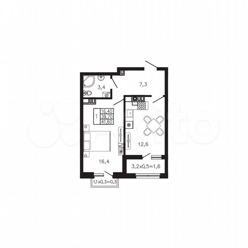 1-к. квартира, 41,6 м², 3/4 эт.