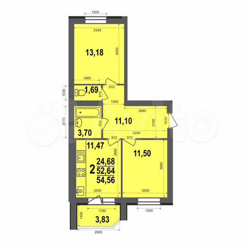 2-к. квартира, 54,6 м², 5/5 эт.