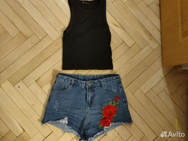 Шорты джинсовые + топ черный м 44-46