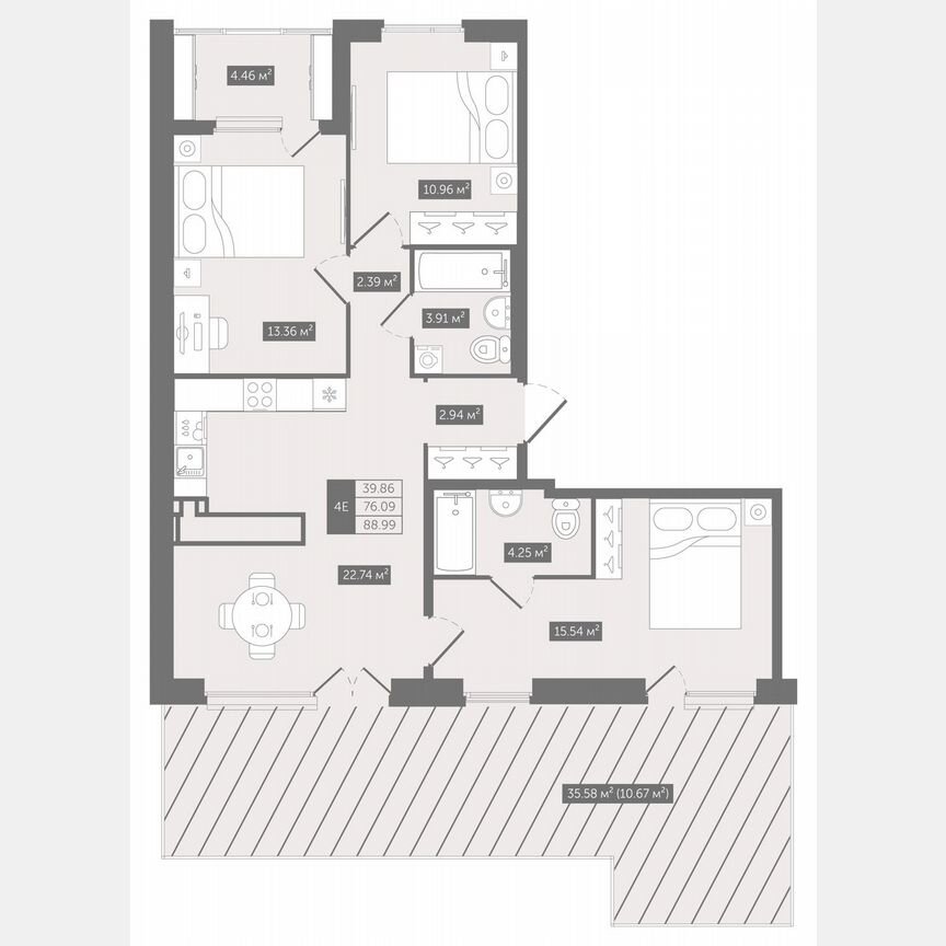 3-к. квартира, 89 м², 10/10 эт.