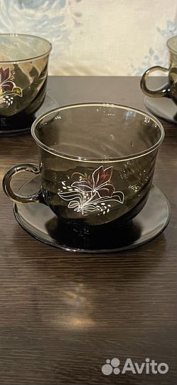Чайная кофейная пара тонкое тёмное стекло винтаж