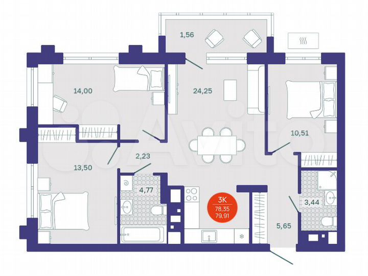 3-к. квартира, 78,4 м², 5/24 эт.