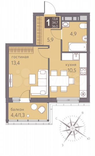 1-к. квартира, 36 м², 14/16 эт.
