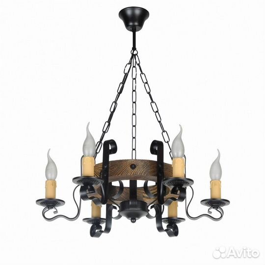 Деревянная люстра-колесо с элементами ковки ретро