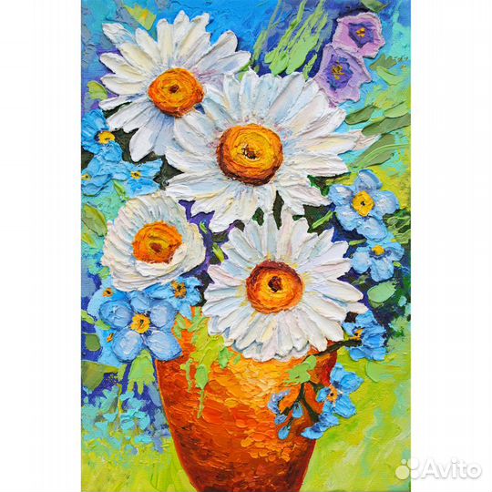 Картина Ромашки букет и незабудки ваза Цветы масло