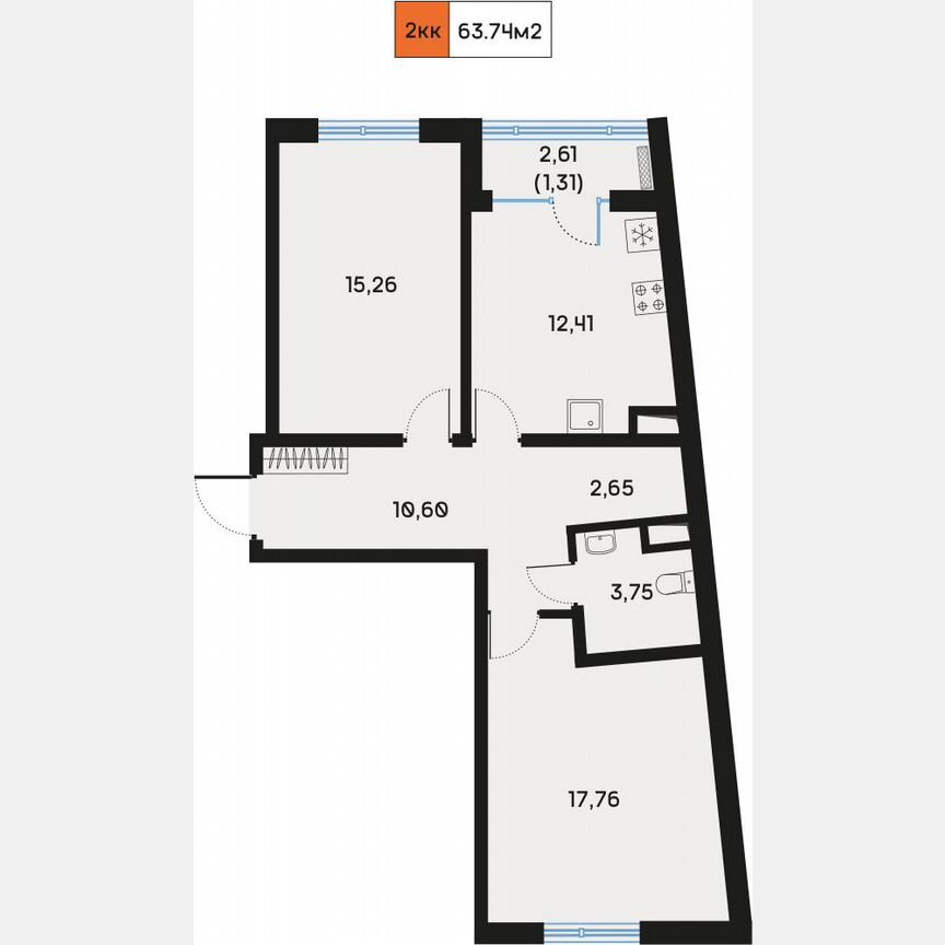 2-к. квартира, 64,1 м², 4/9 эт.
