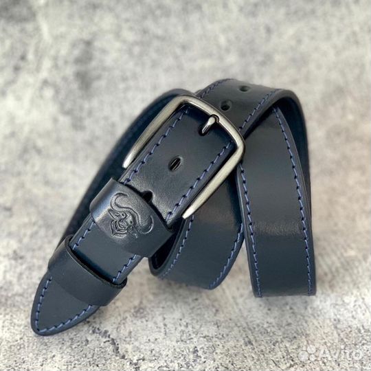Ремень темно-синий из натуральной кожи Буйвола