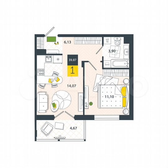1-к. квартира, 39,9 м², 6/8 эт.