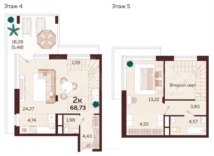 2-к. квартира, 68,7 м², 4/9 эт.
