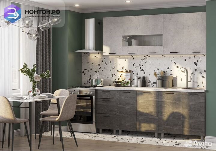 Кухня Гранит 2.0 м белый / цемент светлый / камень