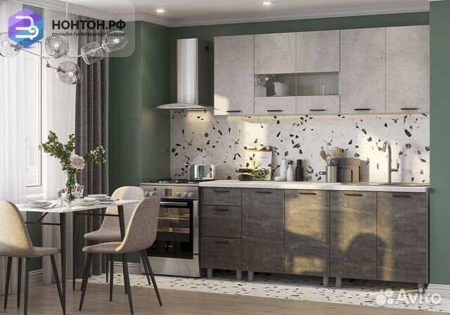 Кухня Гранит 2.0 м белый / цемент светлый / камень