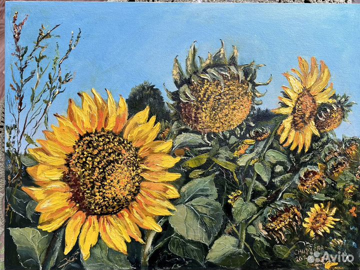 Картина маслом на холсте подсолнухи для интерьера