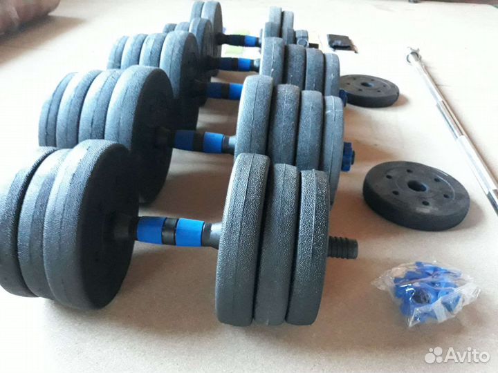 Гантели новые 2 по 10, 2 по 15, гриф 125 см