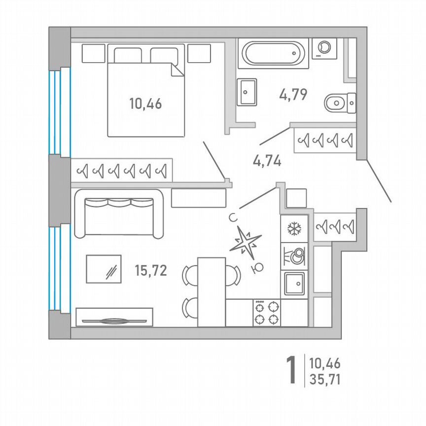 1-к. квартира, 35,7 м², 2/10 эт.