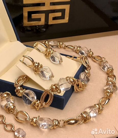 Колье браслет серьги хрусталь позолота