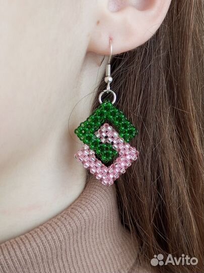 Серьги-ромбы из чешского бисера, ручная работа