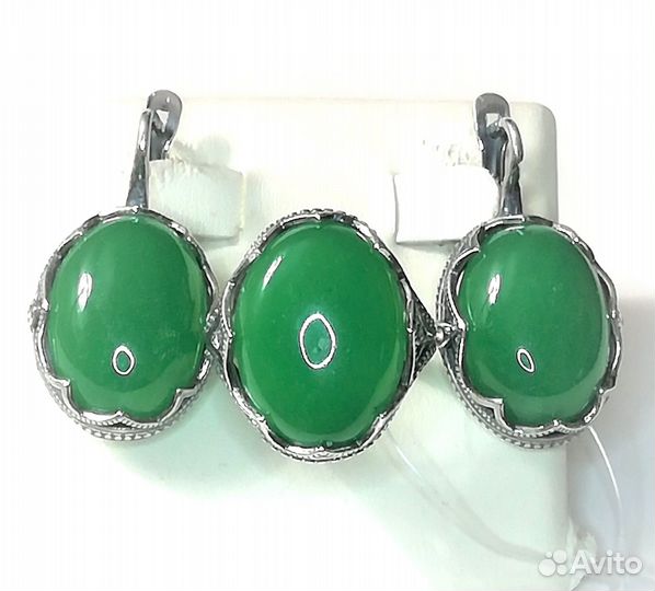 Серьги, кольцо серебрение хризопраз разм.18,0 С638