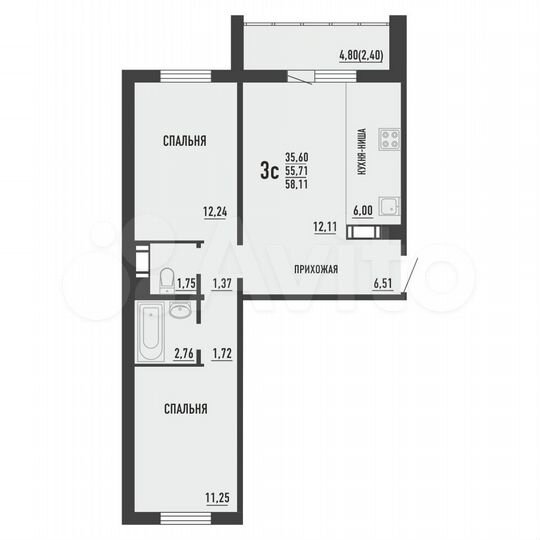 3-к. квартира, 58,1 м², 8/16 эт.
