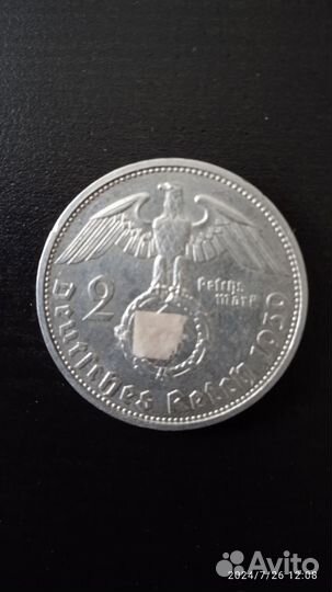 Серебряная монета 2 марки 1939 г.Гинденбург F