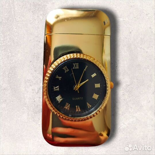 Подарочная газовая золотая (1) зажигалка с часами