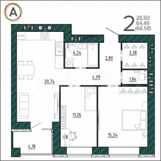 2-к. квартира, 66,6 м², 3/9 эт.