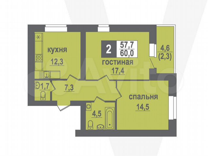 2-к. квартира, 60 м², 9/10 эт.