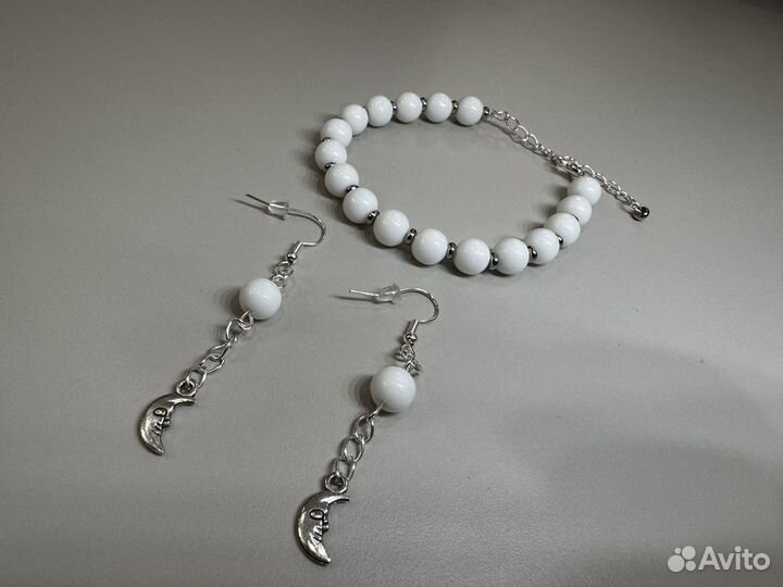 Браслет и серьги белый агат