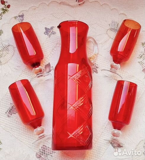 Хрустальный кувшин СССР бокалы цветное стекло