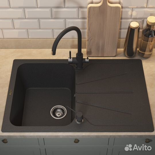 Кухонная мойка кварцевая прямоугольная, черная