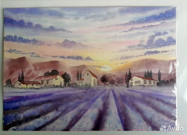 Акварельные картины. Акварель. Лавандовое поле