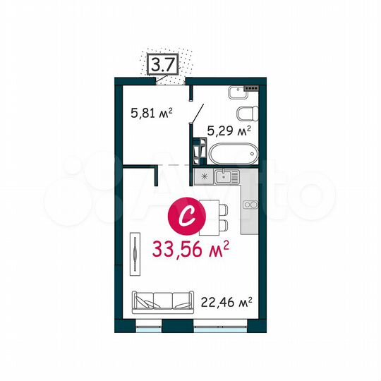Квартира-студия, 33,6 м², 3/24 эт.