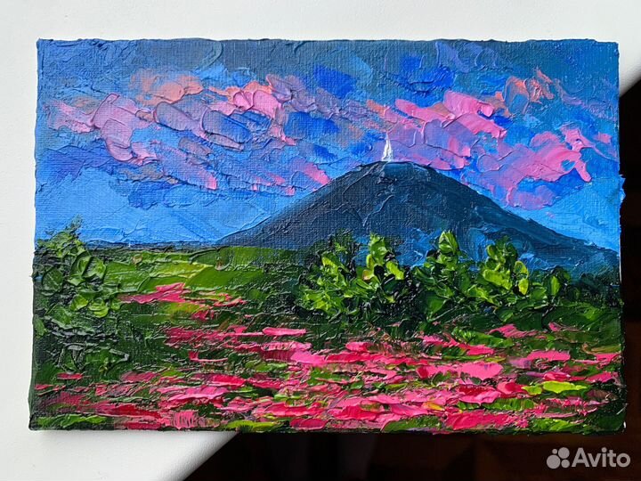 Картина маслом магнитик горный пейзаж Машук цветы